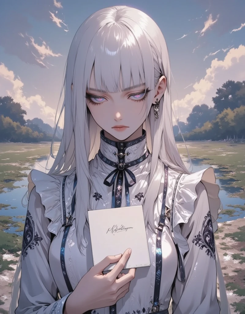 1girl, long straight hair, portrait, white hair, sharp eyes, flat anime , she has love letter and raise up in hand, outdoor, ribbon, frill dress, long eyelashes, cute, extreme aethetic,