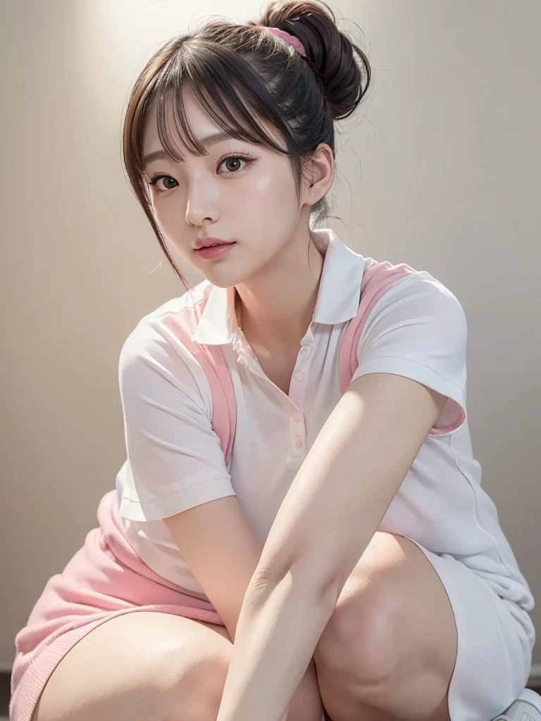 ( single eyelid)), (Hair tied up), Young and cute, 23 years old, Hairstyle with bangs, topknot, tied hair,  1 Japanese Woman, (masterpiece,  top quality, 8k,  RAW photo),  intricate details on collared dress, indirect lighting,  realistic , whole body,Peeking,  top quality,  BREAK E621 Illustration , ( realistic :1.4), (Accurate Reproduction: 1.5), ((on one knee)),  white polo shirt ,  white sneakers , ( pink tennis wear : 1.4),  white miniskirt , from the front, ((Oblong face)), ((Round chin)), (from below:1.1), Adult body,  thin eyebrows,  complete anatomy, Narrow eyes,  Sports Fields, (full body), show off panties