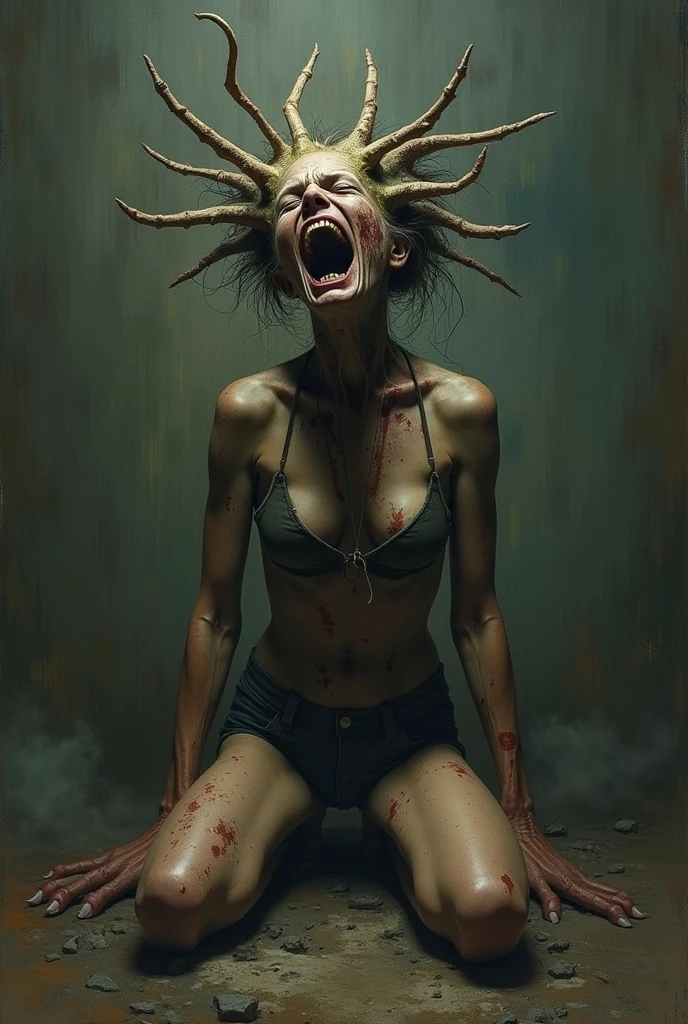 The picture shows one naked skinny gypsy woman with a zombie-like appearance, Under heavy drugs, Serious mental illness written on her face, Showing her pussy, Skinny body, prominent veins on her neck legs and hands, Sad, Sprayed with man's sperm on pussy, Less than four percent subcutaneous fat, Beautiful open pussy, Realistic pussy, Post-apocalyptic world, Shines on the pussy, Only one woman in the picture, Ugly environment, Ugly scenery, Abandoned well-equipped operating theater circa 1920, Ruined room, Woman looking at camera, Woman in center of picture, Realistic, Spread legs, Beautifull wet pussy, Extra thin legs
