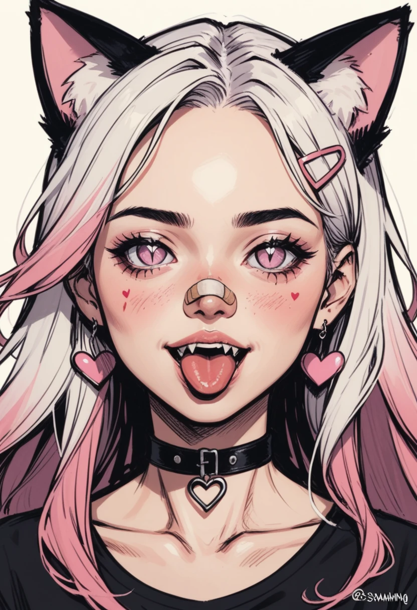 1girl, solo, tongue, animal ears, jewelry, heart, choker, earrings, bandaid, bandaid on nose, bandaid on face, tongue out, cat ears, fangs, portrait, white hair, open mouth, black choker, hair ornament, teeth, hairclip, long hair, pink eyes, artist name, purple eyes, black shirt, smile, collarbone, tattoo, shirt, multicolored hair, looking at viewer, watermark, makeup, twitter username, eyelashes, slit pupils, pink hair, upper teeth only, sticker on face, upper body, messy hair, pale skin, facial mark, heart earrings, virtual youtuber, gradient hair, neck tattoo, cat girl, instagram logo, head tilt, collar, instagram username, eyeshadow, blurry, bright pupils, score_9, score_8_up, score_8_up, a_Comic_Illustration, rough lines with ink, (drawn:1.1), (sketch:1.5), (crosshatching:1.25), (comic style:1.1), graphic novel style, sharp lines, hires, zstyle, (western comics \(style\):1.1), (hatching \(texture\):1.2), zPDXL, Mr_Monster_Possitive, beautiful detailed eyes, extreme details eyes,  perfect anatomy,, .