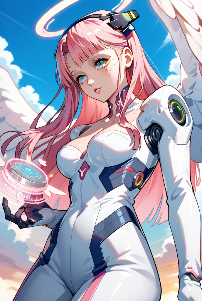 (( Masterpiece,  Shape,  Extreme Detail ), Light volume,  ambient light blocking, color, Shine light), trumpets
1female ,  alone,  , (Pink hair), Long hair, radius, Aura,  Sacred , goddess,  Cybersuit  , (White suit:1.3), Android, Bot ,  Angel Wings,
outdoors,  sunset , sky, cloud, Period, (Cyberpunk theme:1.2),