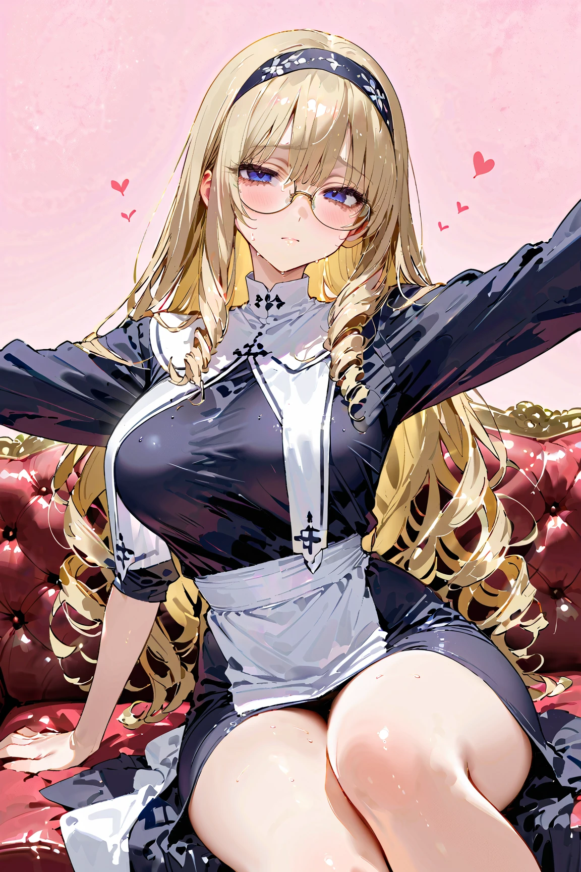 Mature woman who can't stop crying a lot due to hay fever、, ((open arms)),cowboy shot、((sitting on expensive sofa))、 (large breasts)、(bags under eyes), hair over eyes, detailed hairband, (drill hair:1.3), 、Round Glasses, very long Blond hair, cowboy shot,  thick thighs、Pink simple background、heart,   Hollow Eyes、(glistening skin), (oily skin), (shiny skin),(half closed eyes),,((open legs))、My skin is shaking 、 luxury embroidered nun costume、