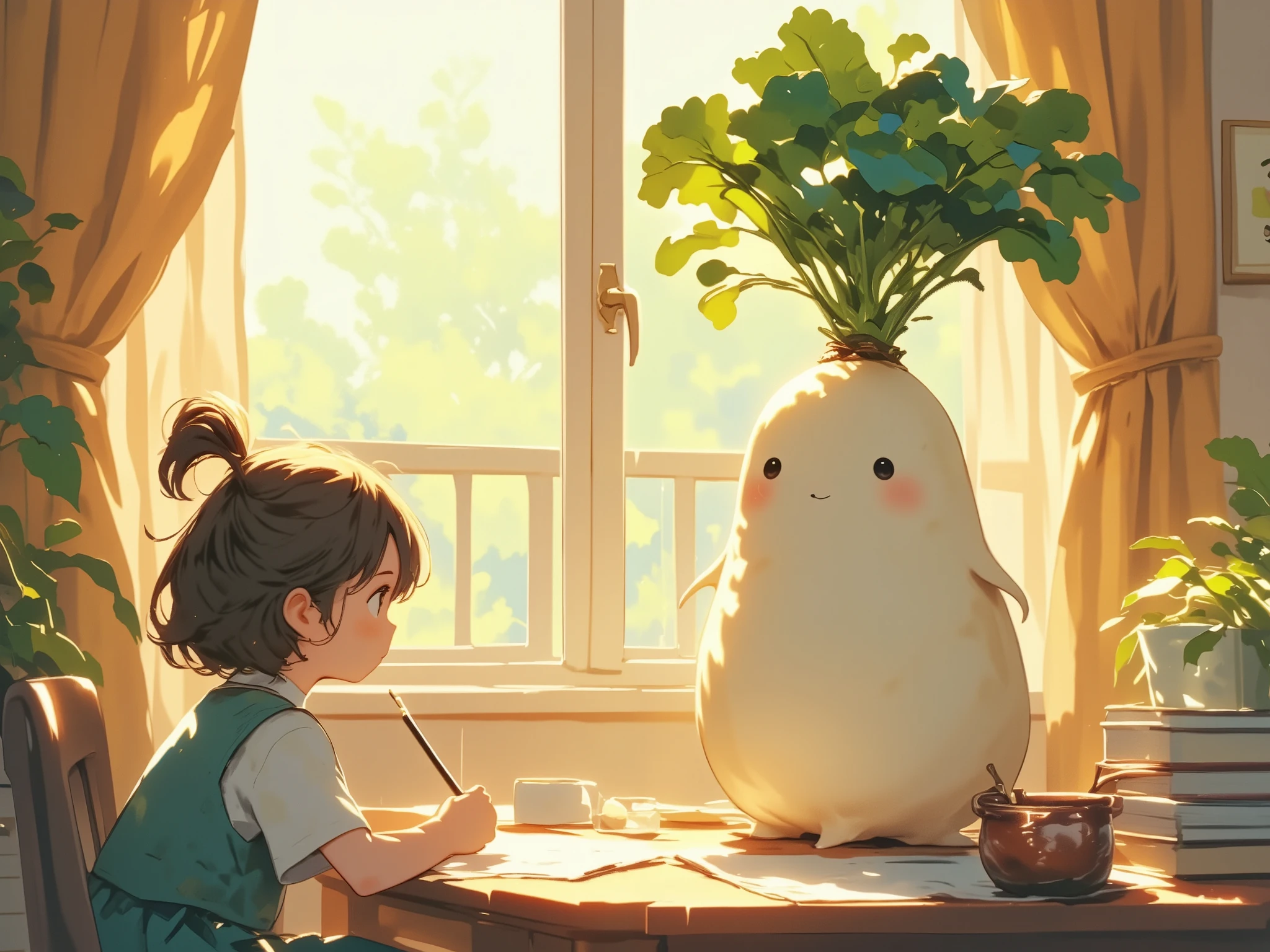 A living Daikon radish with a pretty face listens to the viola's tones, Anthropomorphic Daikon radish illustration, One Thursday afternoon, Beautiful sunlight shining through the trees in the garden, white radish, A girl peeks into the room through the window and sees a live Daikon radish, champagne color illustration, Φ, Universe, A living Daikon radish is writing a letter to his first love at his desk, Illustration with saffron yellow as the main color, Potsdom, sunshine yellow illustration, for day one, calm atmosphere, Gesellschaft, Society, Exppressive Daikon radish