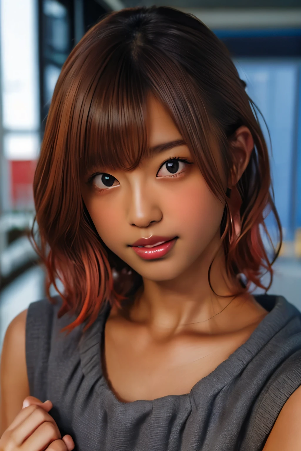 ULTRA SEVEN、ULTRA SEVENボディスーツ、(((( one  girl )))),   hold your hand over your mouth、 Beautiful breasts 、  brown eyes, (( gal hairstyle))  blondes,  girl, ( Eye and Face Details :1.0), break, (masterpiece,  top quality,  very detailed with crimson hair,  detailed face , 8k),( Dark Skin:2.05 ), (((( ULTRA SEVENボディスーツ )))),(  open mouth ),((((  Thick lips ))))