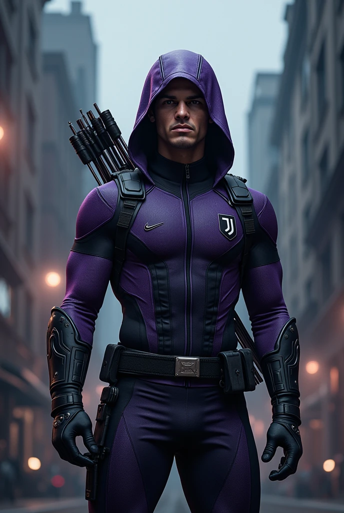 Jeremy Renner is Hawkeye Marvel dressed in his classic purple uniform, preparing to shoot an arrow, Bodybuilder, super strong, muscular, ABS, 35mm lens, photography, ultra details, HDR, UHD,8K