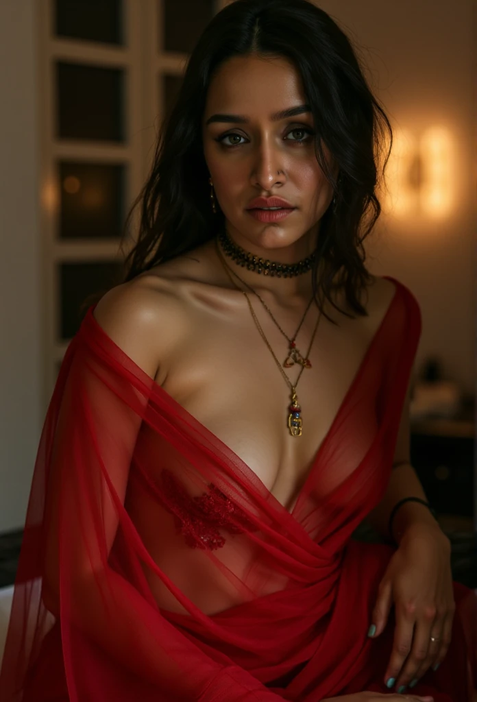 in a dimly light setting A naughty and curvaceous light neutral skin tone woman, her transparent red sheer sari is fallen off shoulder, showing naked breast, man is grabbing her breast, no blouse, no bra, bare breast , red small bindi between her eyebrow's lady wearing a thin and long necklace is made of gold and has a long chain with black and gold beads. man is laying on the bed, she is on top of him, her body is facing camera, she is sitting on his hip, she is facing camera, man shirtless, man is grabbing her breast, nsfw, he is groping her breast, cinematic, cinematic lighting , from outside UHD, retina, masterpiece, accurate, anatomically correct, textured skin, super detail, high details, day time, in bedroom, large windoes, in a boutique hotel, hotel in bali, erotic mood, high quality, award winning, best quality, highres, 1080P, HD