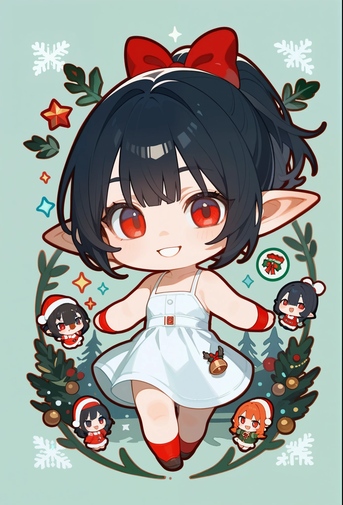 score_9, score_8_up, score_7_up, score_6_up, score_5_up, score_4_up, source_anime, chibi, (cute sticker style:1.3), (1girl, solo), kawaii, smiling, red eyes, black hair, (short hair, ponytail), red sundress, pointy ears, ((simple background, plain background)), Christmas theme.