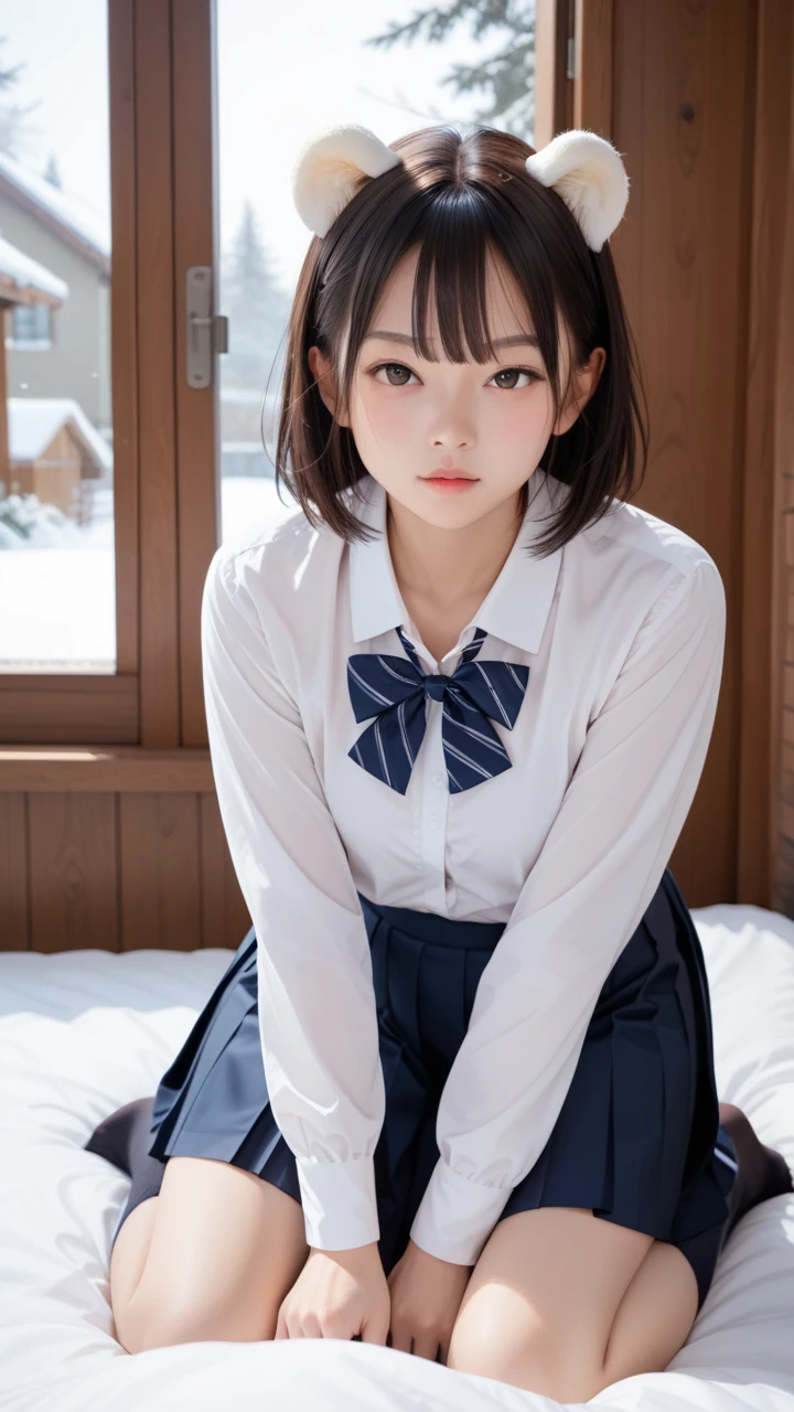 score_9,score_8_up,score_7_up,rating_safe,1girl,solo,loli,(European:1.3),(small face:1.1),Expressionless,(Tip of the tongue:0.5),(big eyes:0.8),(Look At Viewer:1.3),black hair,bangs,long sleeves,(fluffy material clothes:1.3),socks,school uniform,Pleated skirt,Lean forward,Kneeling,Snow Scene,indoor,Cottage,Near the window,on bed,pov