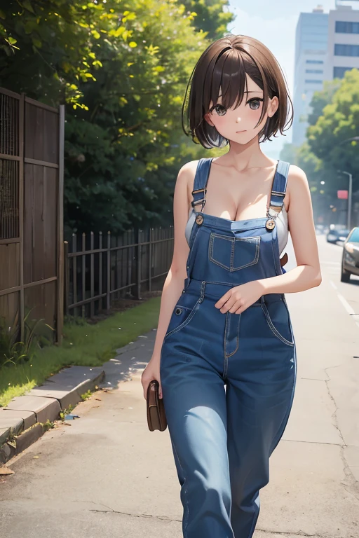  girl alone、Park Road、 walking 、Walking from the front、 Overalls on bare skin. 、 Overalls on bare skin. 着ている、 short hair、Brown Hair、Beautiful breasts、 She is not wearing anything underneath the overalls. 、naked、 She is holding a smartphone in her hand. 、 She is holding a small brown bag in her right hand.、 short hair、 short hair、nakedの上にオーバーオール、nakedの上にオーバーオールだけ、No underwear on、 I can see cleavage 、 Slightly Visible Cleavage 、Overalls that go up to the chest、naked、丸い short hair、 A background that would look natural in a video. 、She is a little shy. 、 walking from the other side 、 A building is visible near the park. 、 No one else is visible. 、 She is walking while holding a smartphone. 、Beautiful breasts、Beautiful breasts、 best proportions、My butt is not big、Beautiful breasts、My butt is not big、cute、cute、22 years old、22 years old、 Overalls on bare skin. 、 I can see cleavage 、perfect hand、perfect hand、perfect hand、 perfect finger、 perfect finger、 perfect finger、丸い short hair、