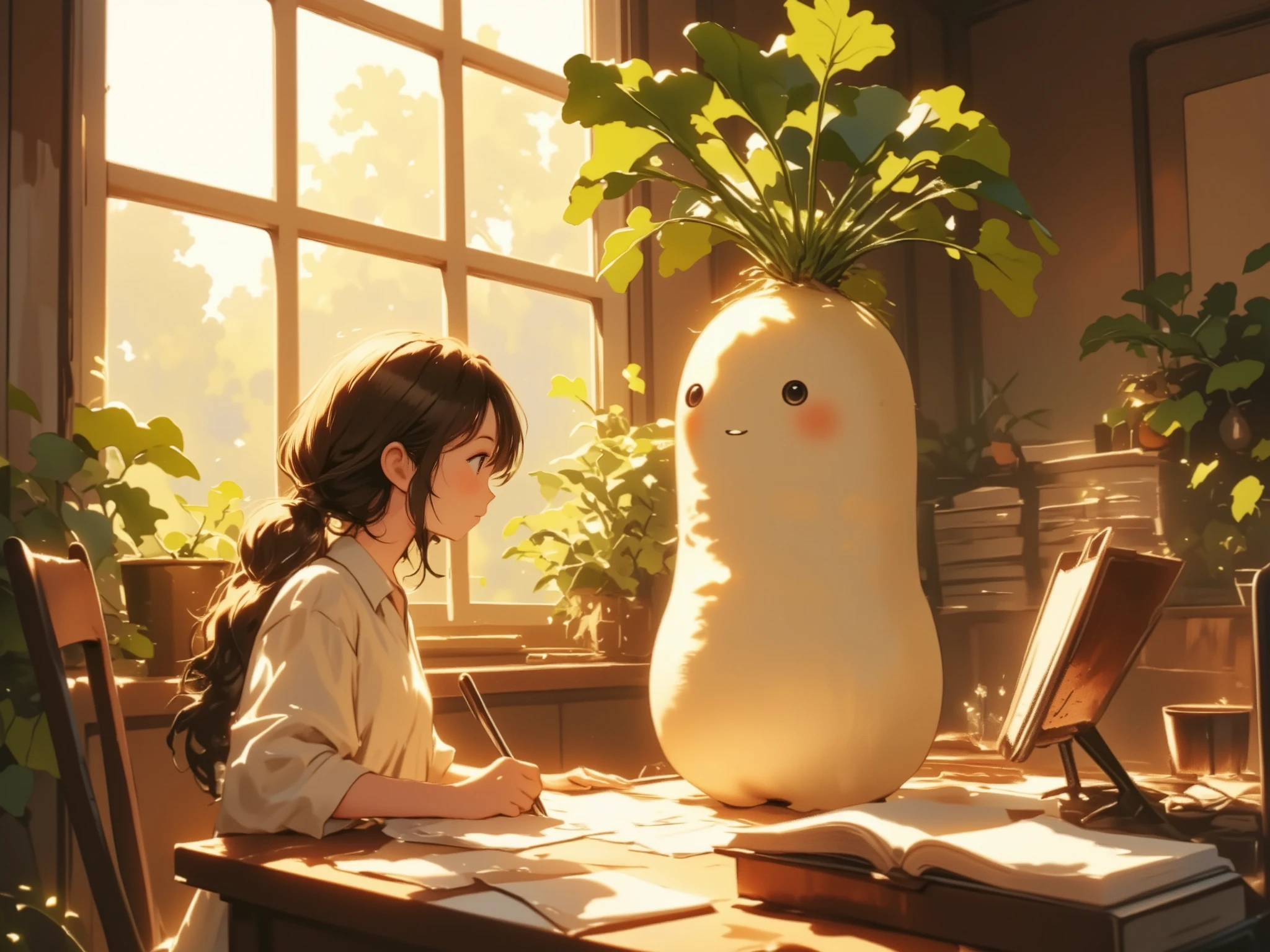 A living Daikon radish with a pretty face listens to the viola's tones, Anthropomorphic Daikon radish illustration, One Thursday afternoon, Beautiful sunlight shining through the trees in the garden, white radish, A girl peeks into the room through the window and sees a live Daikon radish, champagne color illustration, Φ, Universe, A living Daikon radish is writing a letter to his first love at his desk, Illustration with saffron yellow as the main color, Potsdom, sunshine yellow illustration, for day one, calm atmosphere, Gesellschaft, Society, Exppressive Daikon radish