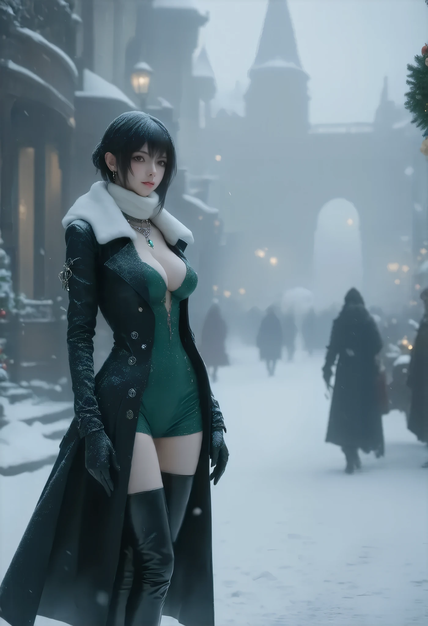 (8k, top quality, Masterpiece , Final Fantasy Style: 1.2),Atmospheric perspective, 8K, Very detailed, Accurate, Highest quality, masterpiece, Very detailed,Sharp focus, High resolution, full body shot of (YoRHa No. 2 Type B:1.5), Complex, Narrow Face, elegant, Wearing a sapphire necklace, A Christmas street corner with powder snow dancing, diamond dust, (christmas outfit:1.5), a long white coat, Crimson long dress made of velvet fabric, green long skirt made of velvet fabric, long black leather boots,white fur muffler on neck, black hair band, ((large breasts:1.2), (huge breasts:1.2), (Uplifted and well-defined bust:1.2), (lifted chest:1.2), (perky breasts :1.2),(deep cleavage:1.4)) and a huge waist, (sexy long legs, whole body picture:1.5), (side view:1.4), Very detailed, Digital Painting, Art Station, Concept Art, Smooth, Sharp focus, figure, ArtJam, Greg Rutkowski, Art by Alphonse Mucha, 8K, Volumetric Fog, bloom, light, lumen, Crank blur