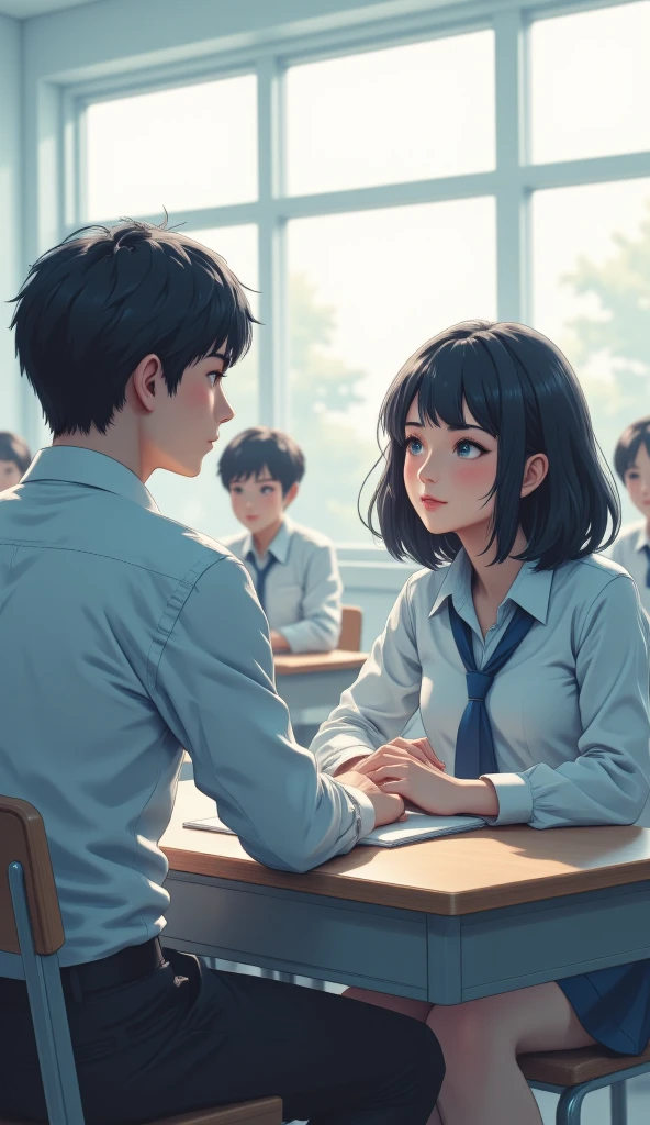 an anime illustration of a boy looking at a girl in class. he sits at the back of the class, blushing, admiring her from afar. The camera focuses on the boy who is facing the viewer, while the girl he admires is in the foreground. the girl, facing the viewer, doesn't realize about the boy and continues to talk to the person beside her. The atmosphere is dreamy where it captures the lovey-dovey mood, using a prominent of warm fuzzy colors such as baby blue and pink.