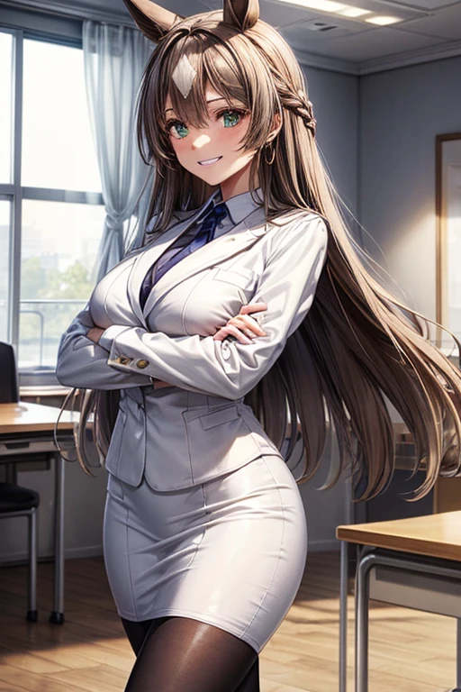 satono diamond \(Uma Musume\),  taking pictures  , cute girl, (( One Girl )), ((baby face:1.4)), ((cute:1.4)), 
break 

(( business suit)) : ((green suit jacket :1.3)) + ((White dress shirt)) + (( green pencil skirt:1.2)) + ((low denier sheer black pantyhose)), ( shiny black high heels), 
((Star-shaped gold earrings )), 
break 

#(( Silver Hair:1.2)), ((blunt bangs:1.4)), (( ponytail) : ( wavy hair ) + (Curly hair) + ( voluminous hair) + (Tie it up with a red string ribbon)), 
#(puppet:1.4), ( blue eyes), 
(( small breasts)), 
break 

((noon:1.2 + (( office:1.2)) + Window +  blue sky)), 
((blush:1.2)、( evil smile:1.4)、 raise eyebrows 、 closed mouth), 
((arched back), (crossed arms:1.2), ( stand with your feet shoulder-width apart)), 
(( angle from below )), (( character focus )), (( cowboy shot )), 
break 

( slim figure), (Symmetrical face), 
(Beautiful Hair), ( shiny hair), 
( double eyelids in judo uniforms), ( long eyelashes), (( thin eyebrows)), 
( sparkling eyes ), ( detailed eyes on board), ( beautiful eyes), ( perfect eyes), (Shining Eyes),  
((Human Ear)), 
(Beautiful Nose), (Thin Nose), 
( glossy lips ), ( beautiful lips), (Thick lips), 
( detailed skin), ( fine skin), ( beautiful skin), ( oily skin ),  
break 

((( top quality)), ((masterpiece:1.3)), (( very detailed))), (( super high resolution )), ((16k)), ((1080P)), ((Full HD)), 
