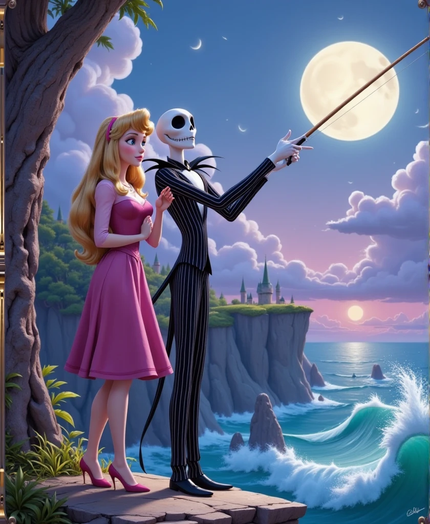 a futuristic utopian illustration with sleek, minimalist design, bright white metallic finishes, and stylized, harmonious environments,, characters are cliche and recognizable ,BREAK,  ,  Jack Skellington from The Nightmare Before Christmas (Disney), skeleton, suit, Halloween King,   and  the princess woman Aurora with blonde hair, blue eyes, a pink dress,  , one  is catching fish with   the other, ,on a windy cliffside overlooking the ocean with crashing waves