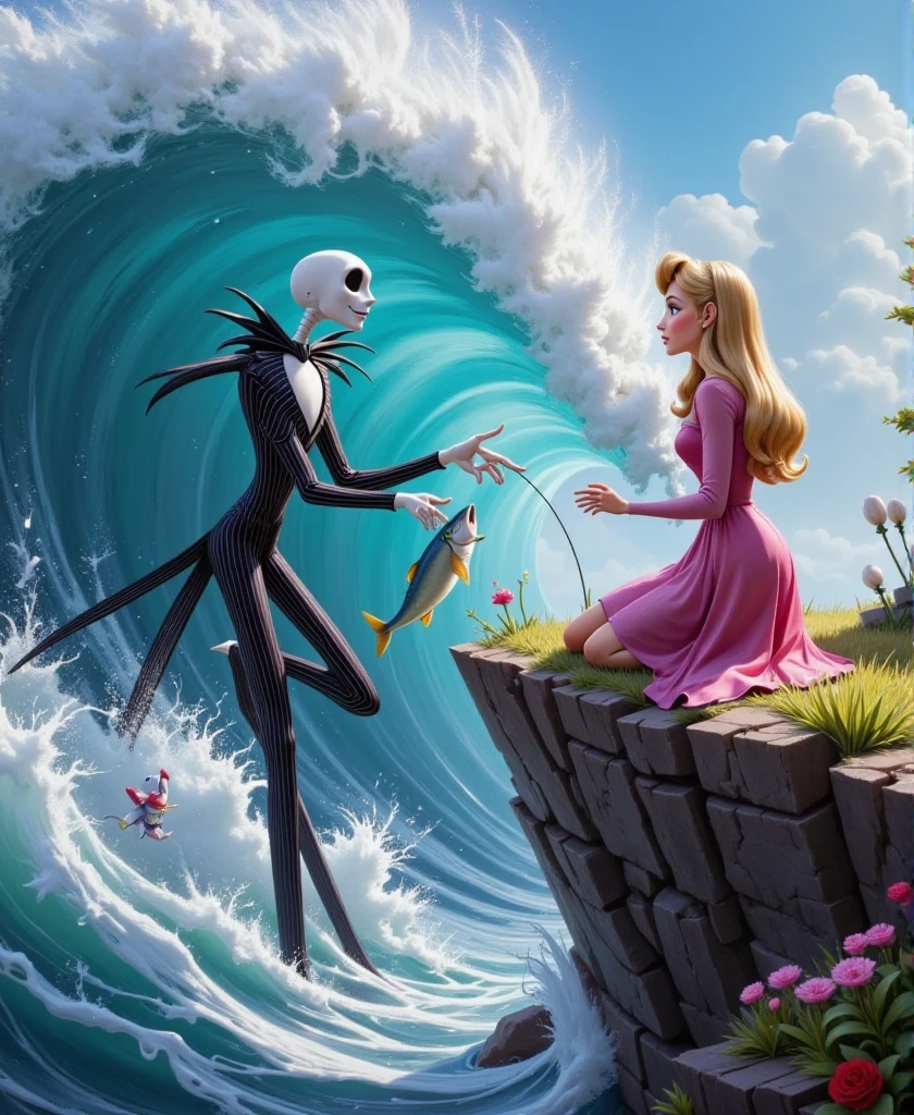 a futuristic utopian illustration with sleek, minimalist design, bright white metallic finishes, and stylized, harmonious environments,, characters are cliche and recognizable ,BREAK,  ,  Jack Skellington from The Nightmare Before Christmas (Disney), skeleton, suit, Halloween King,   and  the princess woman Aurora with blonde hair, blue eyes, a pink dress,  , one  is catching fish with   the other, ,on a windy cliffside overlooking the ocean with crashing waves