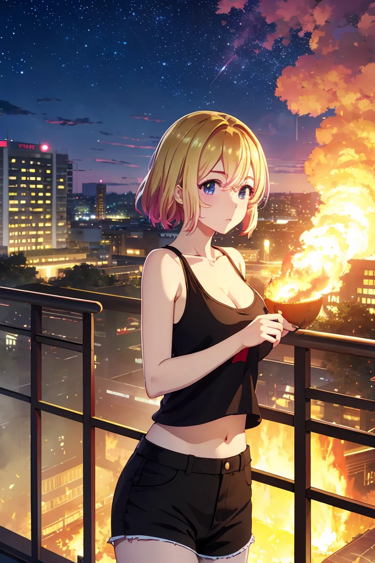 masterpiece, Highest quality anime illustrations, Super detailed,ultra high resolution、perfect lighting single girls, alone, Blonde、medium hair, anime , view at viewer,  cleavage、 black tank top seen above、 sexy black shorts、at night、 fence、Explosion and Flames 、Building on fire