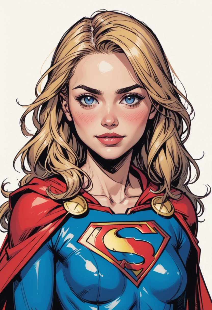 1girl, solo, blonde hair, blue eyes, cape, breasts, smile, looking at viewer, long hair, collarbone, superhero, red cape, white background, simple background, upper body, small breasts, bodysuit, blush, long sleeves, lips, medium breasts, closed mouth, grey background, open mouth
supergirl, S symbol, score_9, score_8_up, score_8_up, a_Comic_Illustration, rough lines with ink, (drawn:1.1), (sketch:1.5), (crosshatching:1.25), (comic style:1.1), graphic novel style, sharp lines, hires, zstyle, (western comics \(style\):1.1), (hatching \(texture\):1.2), zPDXL, Mr_Monster_Possitive, beautiful detailed eyes, extreme details eyes,  perfect anatomy,, 1girl, thighs, cowboy shot