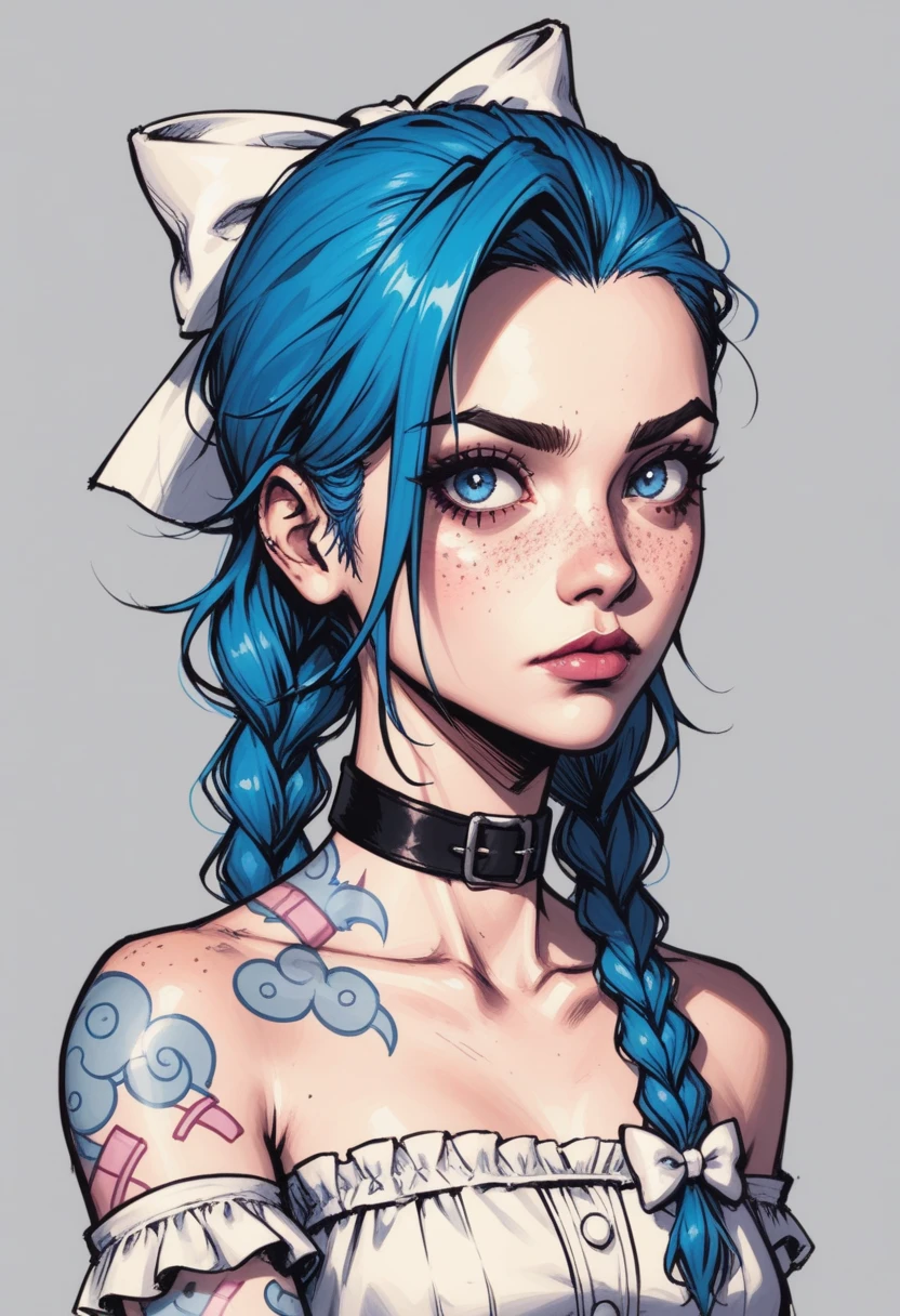 1girl, solo, long hair, freckles, braid, grey background, tattoo, arm tattoo, choker, blue hair, artist name, hair bow, bow, alternate costume, blue eyes, collarbone, bare shoulders, white bow, black choker, twin braids, white dress, dress, upper body, piercing, shoulder tattoo, closed mouth, asymmetrical bangs, character name, breasts, , jinx (league of legends), s1_dram, zPDXL3, detailxl,  Score_PnyReal,