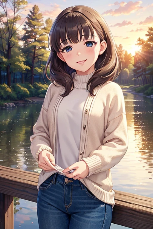  Shiny Brown Hair ,  short hair, ( Dominant Smile 、  sparkling eyes  , fine grain)、smile、 super detailed eyes、 very detailed face ,  high definition eyes ,
(((masterpiece,  top quality,  high definition , 超 high definition ,  pixel perfect,  written border depth, 4K, RTTX10.0))),
 1 girl,   mature, red long sleeve knit 、 denim pants with open front、sunset, lake, forest, smile