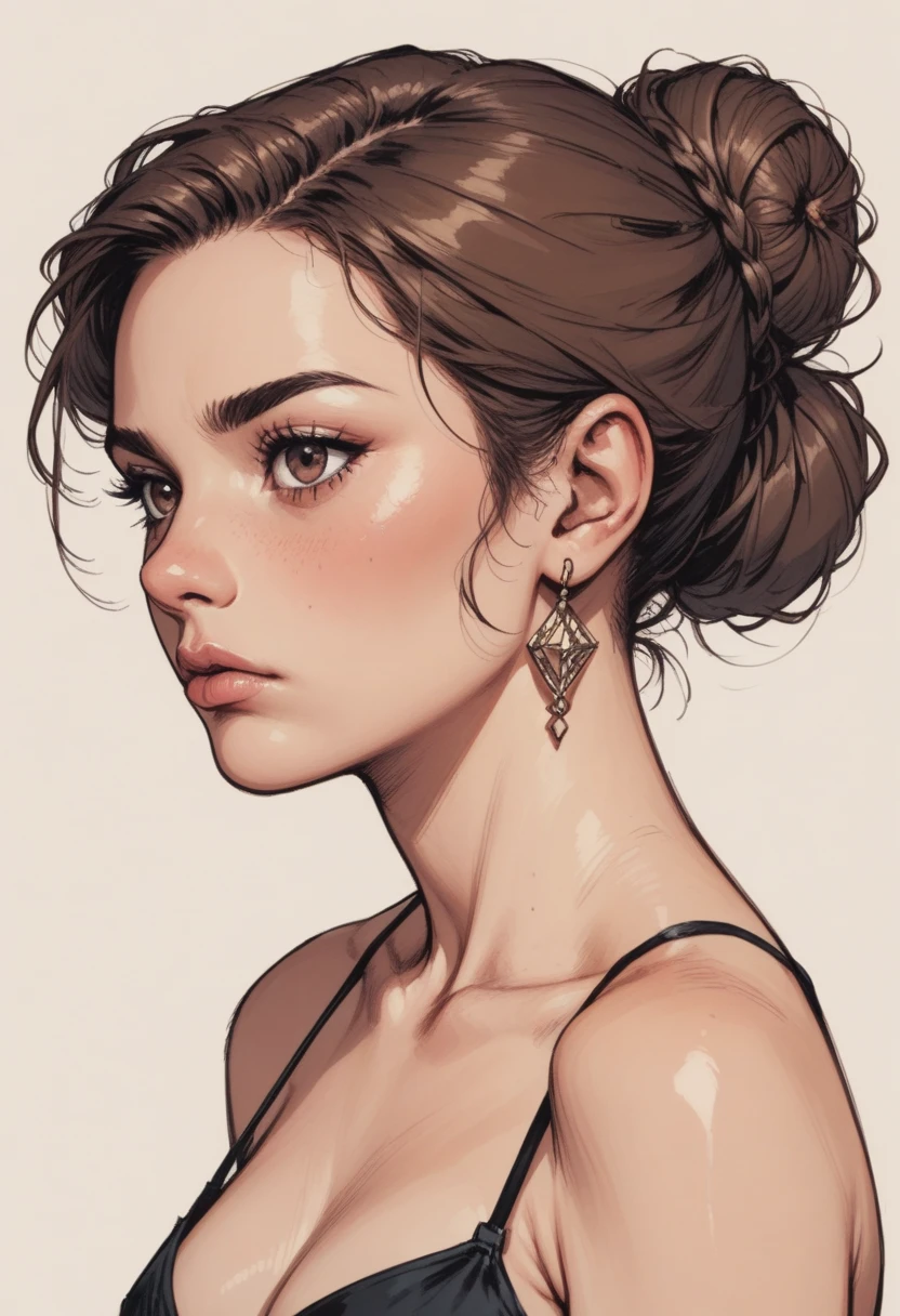 1girl, solo, jewelry, , earrings, brown hair, breasts, brown eyes, upper body, cleavage,  small breasts, hair bun, single hair bun, , nose, parted  from side, zPDXL3, detailxl,  Score_PnyReal,, s1_dram