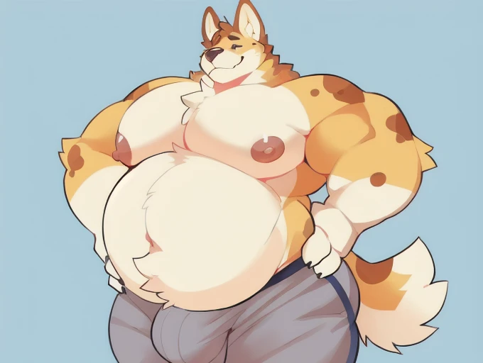 ((Solo)), ((1 boy)), ((male)), very largest, ((daddy body shape)):3, ((bara)), buff, extremely thickened overweight body, body hair, ruffled fur, ((((4000 pounds)))):6, ((((((massive fluffy belly, wobbly)))))):3, (((((massive thighs, massive curves, massive pecs, big biceps, massively buttocks))))):7, ((nipples)), ((hunky)):2 ((long snout)):1.5, ((((Australian Cattle Dog)))):2, ((tufty, poofy hair)):2, wearing, (((grey sweatpants))), ((big bulge, bulging, very detailed crotch bulge, bulge shading)), looking at viewer, (((hands on hips pose))), (((closed eyes))):2, ((furrowed eyebrows)):2, ((blep with smirk)), (happy chat), ((tail shown)), simple background, ((shading)):3, by bigcozyorca, by Takemoto Arash, posted on e621, posted on FurAffinity 