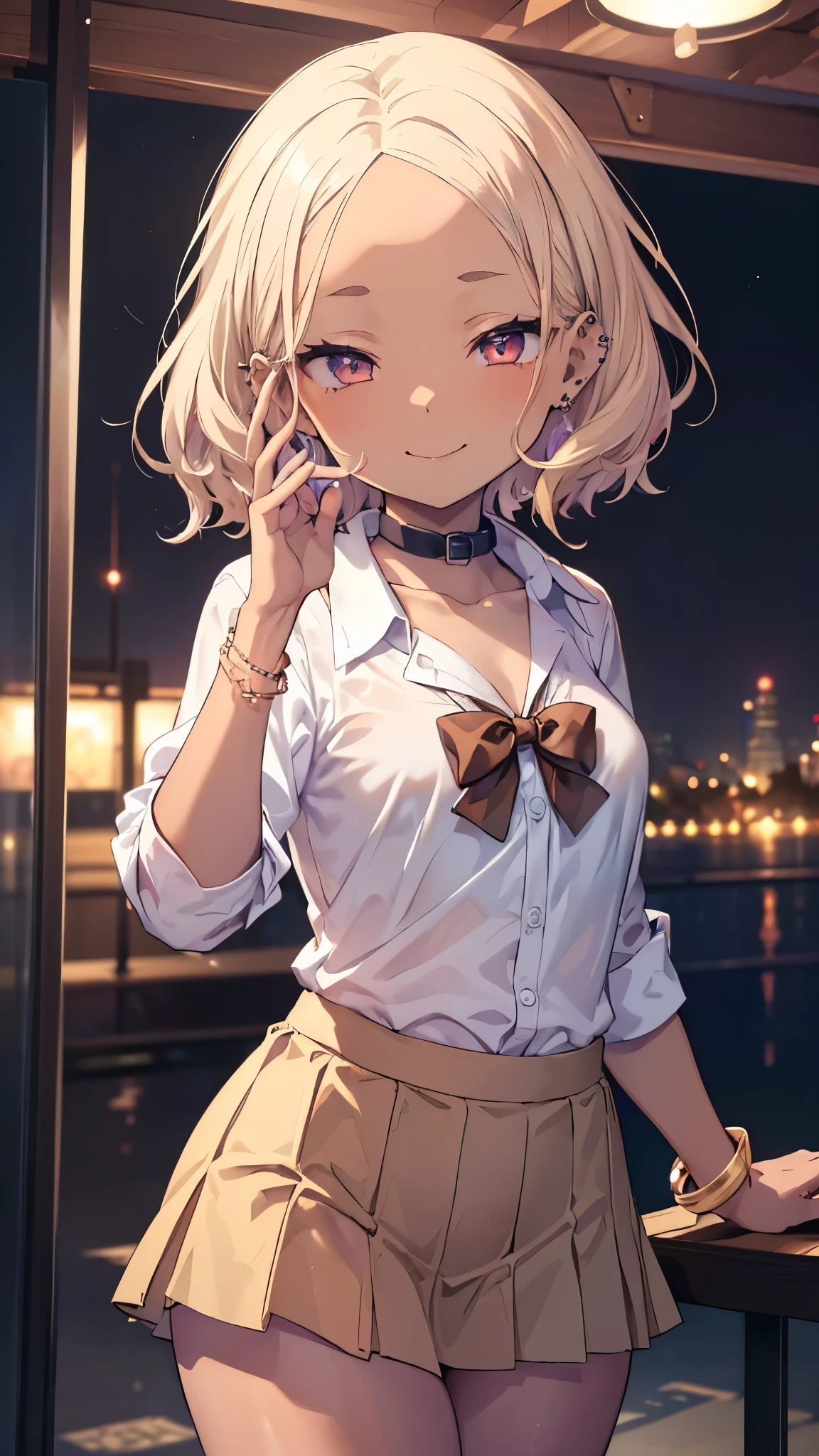 ((masterpiece、 top quality、 very detailed))、 One Girl 、improve、(( brown skin:1.3))、Blonde、 medium hair 、 wavy hair 、((Forehead:1.2))、 gray eyes、evil smile、((lots of piercing))、((Moderate breasts))、(( White collared shirt ))、((clavicle))、 bow tie 、 bracelet 、((micro miniskirt))、 cowboy shot 、((night))、 downtown background