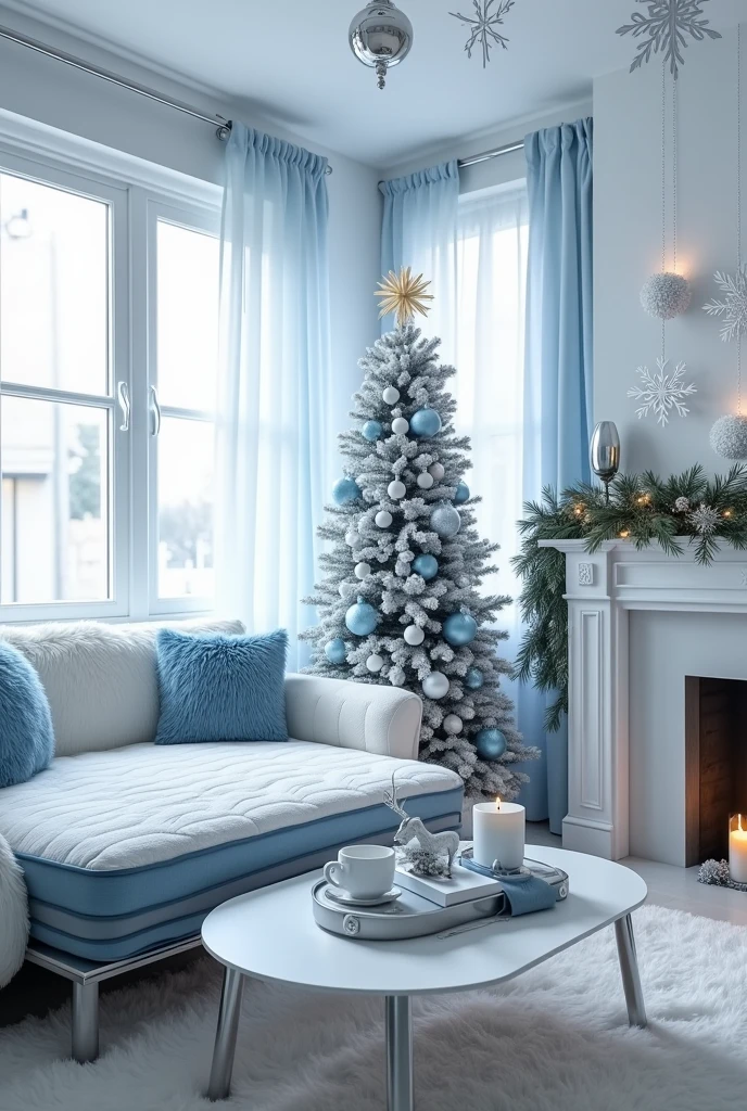 A bright and serene living room designed with a predominantly white and sky-blue color palette, exuding elegance and festivity. The centerpiece of the room is a lush white furry sofa adorned with sky-blue and white throw pillows, providing a cozy and inviting atmosphere. Nearby, a sleek white and sky-blue gradient mattress lies on a contemporary low-profile couch, blending seamlessly with the room's aesthetic. The walls are painted in a soft matte white, complemented by sheer sky-blue curtains that drape gracefully over large windows, allowing natural light to illuminate the space. In the corner of the room stands a tall and beautifully decorated Christmas tree, its branches lush and full, covered in shimmering white and sky-blue ornaments, delicate silver tinsel, and a mix of white and sky-blue baubles. The tree is topped with a radiant silver star and surrounded by neatly wrapped gifts in white and sky-blue wrapping paper, tied with silver ribbons. Beneath the tree, a fluffy white tree skirt adds a touch of softness and luxury. The floor is covered with a plush, snowy-white rug that feels soft underfoot, harmonizing with the overall wintery theme. Above, the ceiling features delicate white paper snowflake decorations that dangle from nearly invisible threads, catching and reflecting the soft glow of the ambient lighting. The coffee table at the center of the room is a simple, modern design with a white top and sleek silver legs. It is tastefully adorned with Christmas-themed decorations, including a small pine garland interspersed with mini sky-blue ornaments and silver fairy lights. A collection of white candles of varying heights sits on one side, emitting a warm and inviting glow. On the other side of the table, a decorative tray holds a stack of winter-themed books, a white ceramic mug filled with hot cocoa topped with marshmallows, and a small silver reindeer figurine. Along the mantel of a minimalist white fireplace, a garland of pine branches is draped, dec