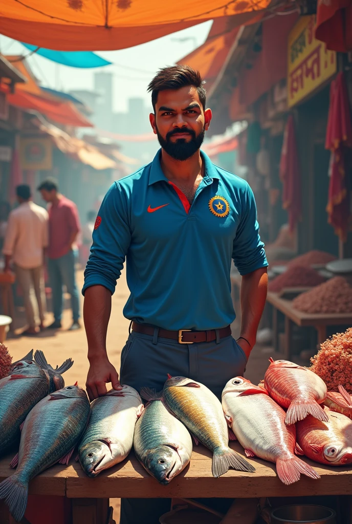 Virat kholi is wear the color full courtpent and looking is danger and he caught the bad and in second hand he chught the hen and he stand on chair in water area and around for is iron man