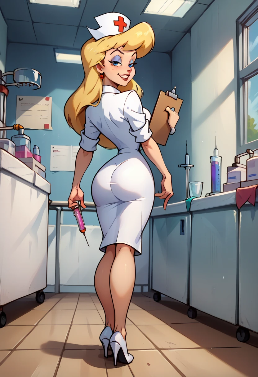 score_9, score_8_up, score_7_up, score_6_up, 1girl, High resolution, Very detailed, perfect lighting, beautiful detailed eyes, perfect eyes, ((masterpiece,Best Quality)), mature female, Heloise Nerz, \(Animaniacs\), blonde hair, blue eyes, eyeshadow, long hair, nurse cap, red cross, white dress, narrow waist, full body, sedutive smile, Expressiveh, hospital, nurse, syringe on hand,pressing the syringe, clipboard, behind, back, big ass, sexy, closed, portrait, below