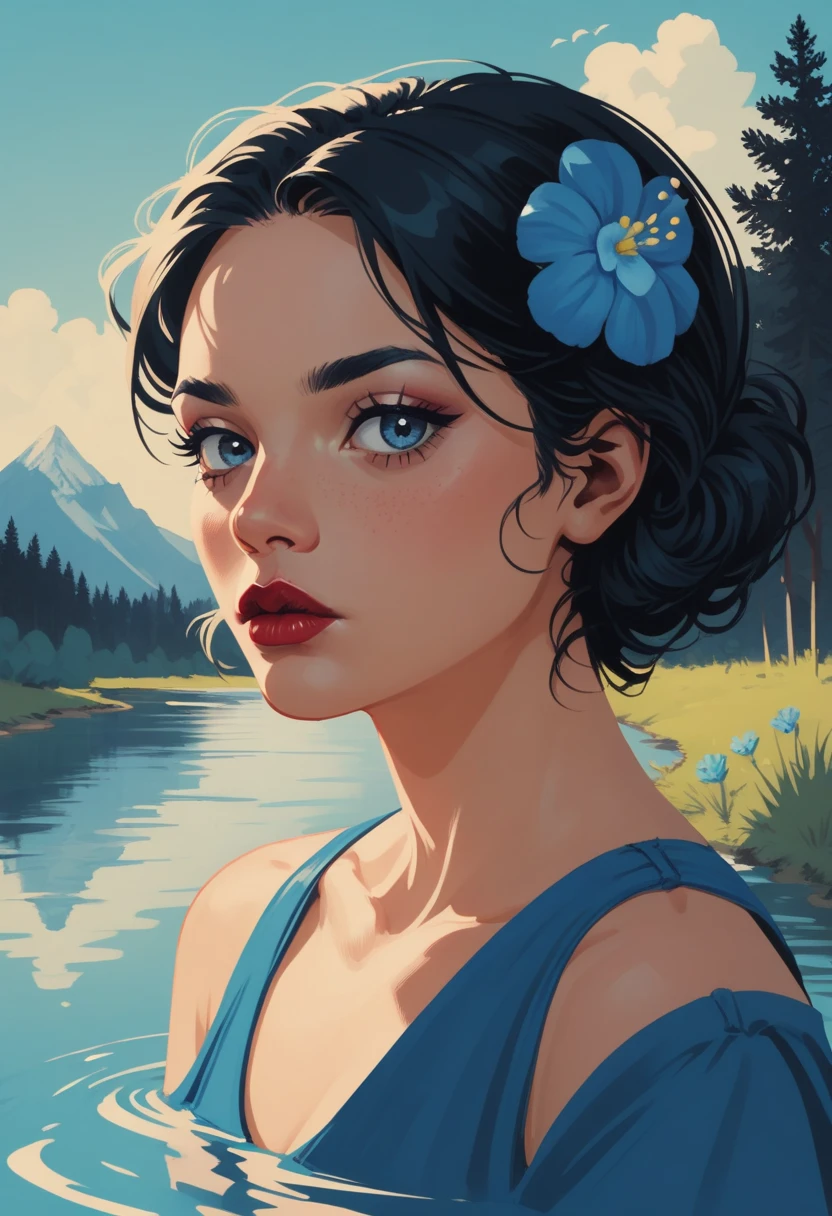 1girl, flower, solo, blue flower, blue  short hair, black hair, blue eyes, outdoors, tree, looking at viewer, lipstick, makeup, parted  mountain, sky, portrait, water, lips, s1_dram, zPDXL3,  PnyCmicXLPOS, detailxl,  (lineless, vector art:1.5)