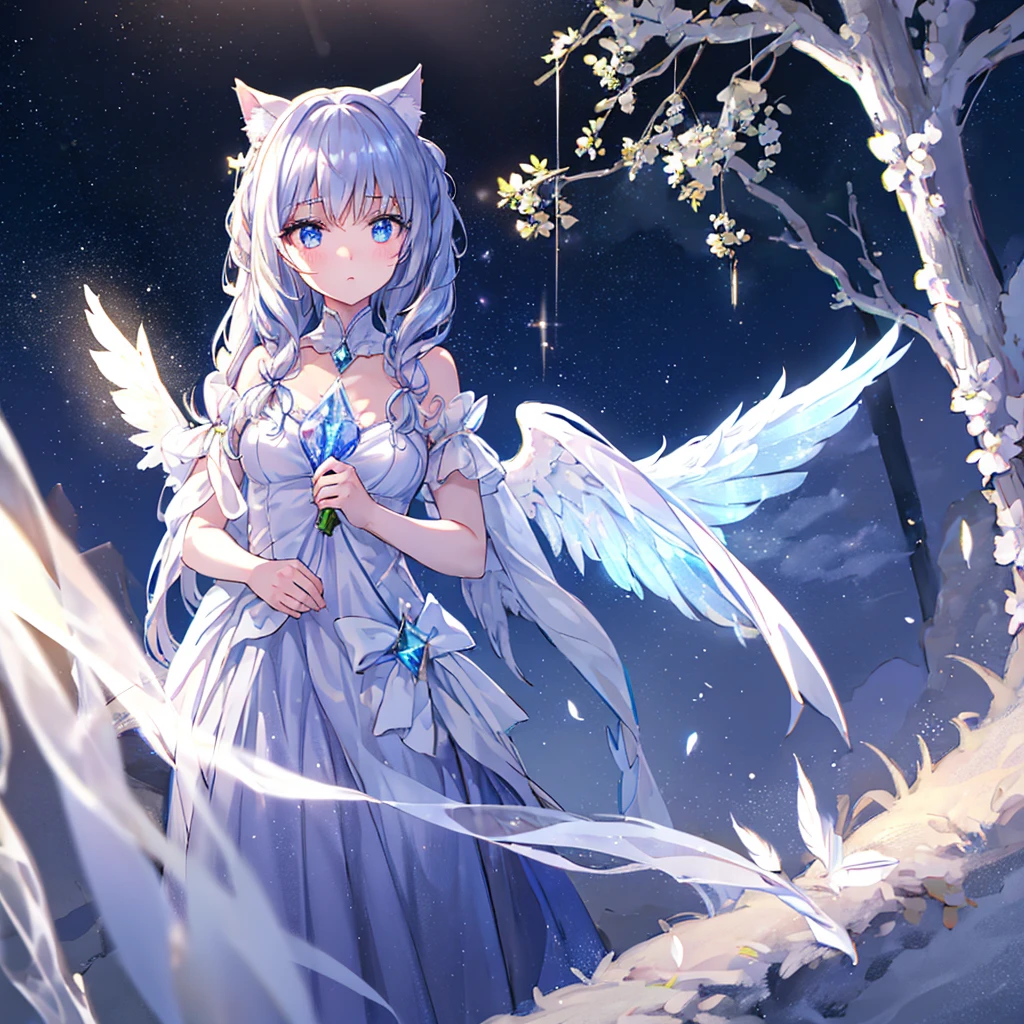 In a mystical setting, a cute cat-eared girl stands with transparent crystal wings outlined by glowing neon light. Snowflakes and shimmering feathers gently drift around her, catching the soft glow of her wings. The transparent wings refract the light, creating subtle rainbows and adding a magical touch to the scene. The girl’s eyes reflect a quiet curiosity, and her delicate features are highlighted by the ethereal glow. The overall atmosphere is serene and enchanting, blending charm, mystery, and beauty into a single captivating moment,