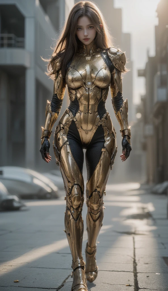 1girl,solo,black hair,masterpiece,best quality,Science fiction,Mechanical,Sci-fi background,Cyberpunk style,moyou,robot,(Half the face is mechanical:1.1),Streamlined mechanical body,dancing,The left body is mechanical.,On the right is a normal body.,Immediately Action,(Helmet:1.1),future warrior,Color paint mecha,golden mechanical structure,Weapons,(Iron Man:0.8),Charge,.