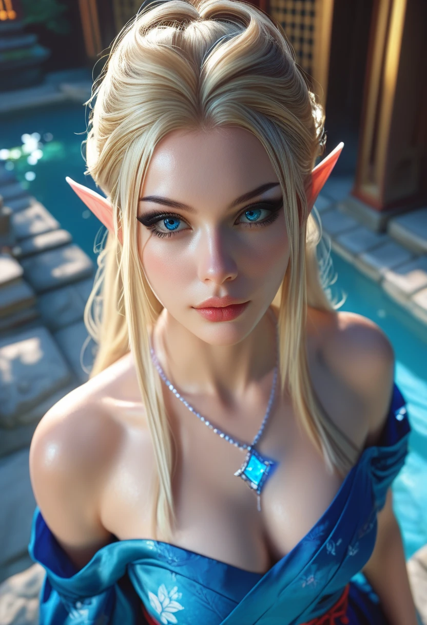 Moaning 20-year-old blonde elf girl with long wavy hair and blue eyes gives to a man in the office. A man with erect genitals. delicate detail. ultra details. side glance