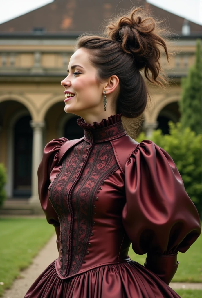 (realistic photograph close up victorian), (a big bust slender pleased beautiful orgasm looking lady with (messy hair bun)), (she is wearing (an exaggerated elaborate shiny high neck dress with (long extremely big puff sleeves), (and a narrow very high reaching up to her cheeks stand-up collar) (with a gigantic ruffle on top of the collar reaching to the top of her head), (and a huge skirt), (she has her hands behind her back)++++, (she is having an orgasm and looks at two other happy female party guests who are hanging her), (on a wooden beam gallows in a courtyard)