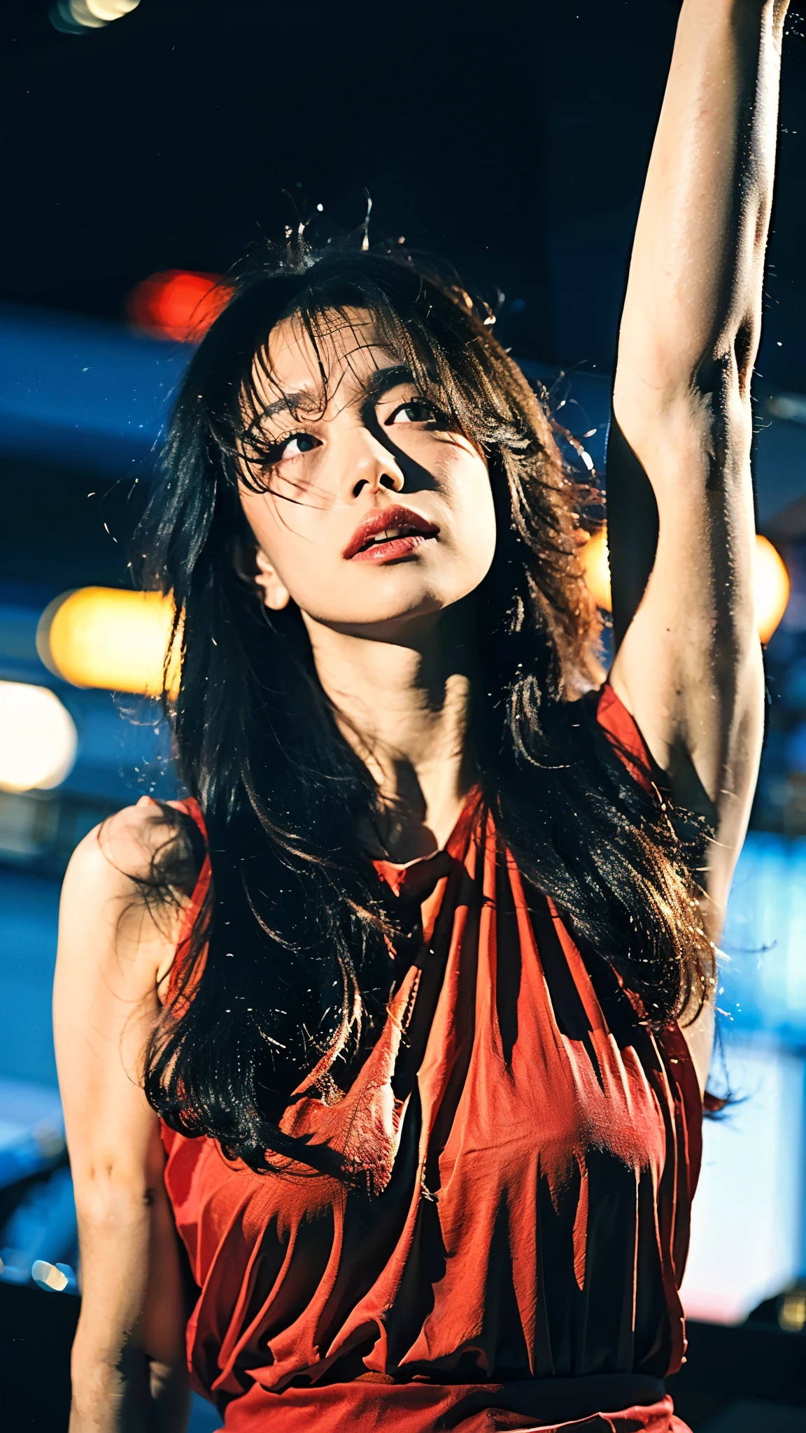 (masterpiece:1.2, best quality:1.2, extremely delicate:1.2), Nakatani Miki, a beautiful woman with medium length black hair, flawless oval face, passionate gaze, sweet smile, perfect smille, blush, seductive expression, tall and graceful figure, perfect body, perfect skin, Flamenco dance dresses, flowing skirt, alternating Black and Red textures, the color scheme is primarily Black with Red accents, she touches herself, dancing gracefully on the stage, this character embodies a finely crafted fantasy style Flamenco dancer, exquisite and mature art style, goddess, feminine, exquisite photography, depth of field, bokeh, photorealistic, even and soft lighting on face, dramatic, high definition, highres, ultra detailed, professional photo, perfect body proportions, anatomically correct, symmetrical face, extremely detailed eyes and face, perfect eyes, high quality eyes, creativity, RAW photo, UHD, 32k, portrait lighting, Natural light, cinematic lighting, (masterpiece-anatomy-perfect:1.2)