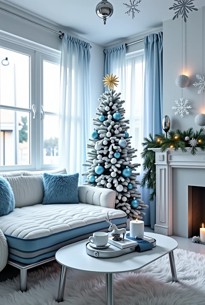 A bright and serene living room designed with a predominantly white and sky-blue color palette, exuding elegance and festivity. The centerpiece of the room is a lush white furry sofa adorned with sky-blue and white throw pillows, providing a cozy and inviting atmosphere. Nearby, a sleek white and sky-blue gradient mattress lies on a contemporary low-profile couch, blending seamlessly with the room's aesthetic. The walls are painted in a soft matte white, complemented by sheer sky-blue curtains that drape gracefully over large windows, allowing natural light to illuminate the space. In the corner of the room stands a tall and beautifully decorated Christmas tree, its branches lush and full, covered in shimmering white and sky-blue ornaments, delicate silver tinsel, and a mix of white and sky-blue baubles. The tree is topped with a radiant silver star and surrounded by neatly wrapped gifts in white and sky-blue wrapping paper, tied with silver ribbons. Beneath the tree, a fluffy white tree skirt adds a touch of softness and luxury. The floor is covered with a plush, snowy-white rug that feels soft underfoot, harmonizing with the overall wintery theme. Above, the ceiling features delicate white paper snowflake decorations that dangle from nearly invisible threads, catching and reflecting the soft glow of the ambient lighting. The coffee table at the center of the room is a simple, modern design with a white top and sleek silver legs. It is tastefully adorned with Christmas-themed decorations, including a small pine garland interspersed with mini sky-blue ornaments and silver fairy lights. A collection of white candles of varying heights sits on one side, emitting a warm and inviting glow. On the other side of the table, a decorative tray holds a stack of winter-themed books, a white ceramic mug filled with hot cocoa topped with marshmallows, and a small silver reindeer figurine. Along the mantel of a minimalist white fireplace, a garland of pine branches is draped, dec