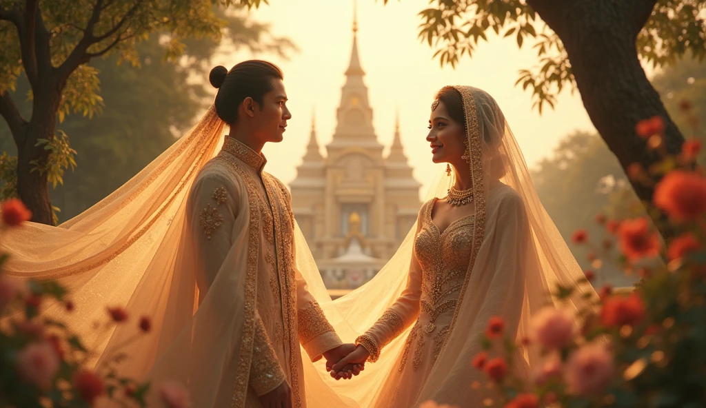 The Burmese couple pre wedding photo , background with Bagan pagoda(myanmar).they are wearing myanmar traditional dresses.at the dawn. realistic photo. 8k.