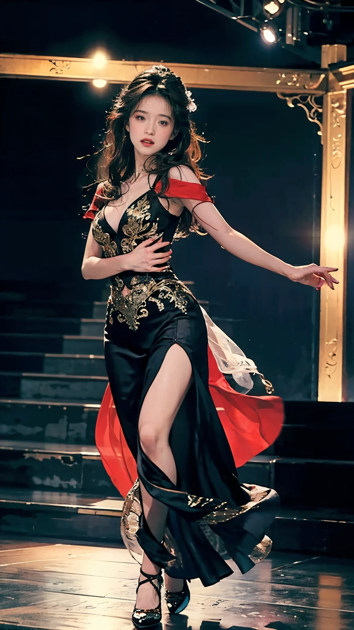 (masterpiece:1.2, best quality:1.2, extremely delicate:1.2), Nakatani Miki, a beautiful woman with medium length black hair, flawless oval face, passionate gaze, sweet smile, perfect smille, blush, seductive expression, tall and graceful figure, perfect body, perfect skin, Flamenco dance dresses, flowing skirt, alternating Red and Blackd textures, the color scheme is primarily Black with Red accents, she caresses her breasts, dancing gracefully on the stage, this character embodies a finely crafted fantasy style Flamenco dancer, exquisite and mature art style, goddess, feminine, exquisite photography, depth of field, bokeh, photorealistic, even and soft lighting on face, dramatic, high definition, highres, ultra detailed, professional photo, perfect body proportions, anatomically correct, symmetrical face, extremely detailed eyes and face, perfect eyes, high quality eyes, creativity, RAW photo, UHD, 32k, portrait lighting, Natural light, cinematic lighting, (masterpiece-anatomy-perfect:1.2)