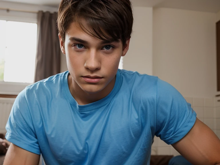 
Realistic portrait of a 15 year old boy., He wears a blue shirt . His face is youthful and exploratory.. He is coincidentally in his room and it is night. ., ,without looking at the camera,, hair is messy ,