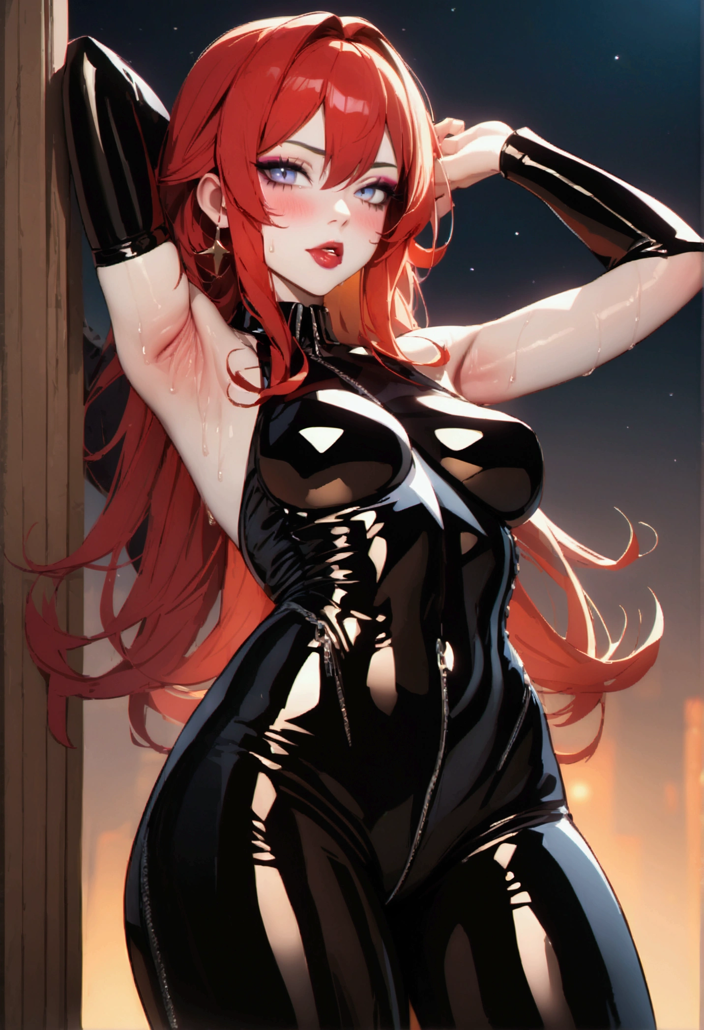 Surtr, Night view, Beauty, Beautiful eyes, blush, uhd, retina, masterpiece, ccurate, anatomically correct, textured skin, super detail, high details, high quality, best quality, highres, knee high boots, gloss lips, lipstick, 4K, eyeshadow, eyeliner, blush, long hair, lipstick, red hair, long eyelashes, evil grin, latex, sweaty armpits, tongue