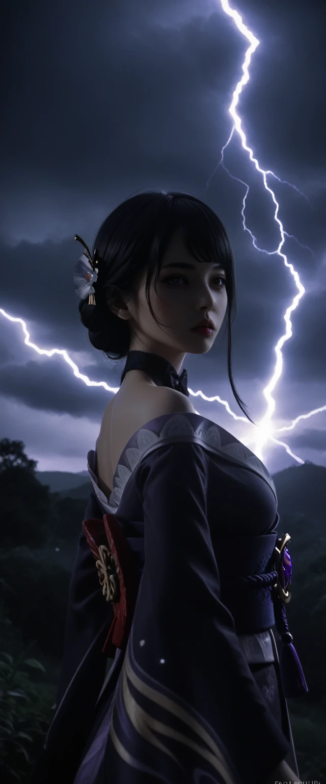 Goddess of thunder and lightning, 1girl, Raiden Shogun Ei from genshin impact, extremely detailed goddess of death, highly detailed kimono, extremely detailed and revealing gothic off-shoulder kimono, dark and stormy night, lightning blazing in the skies, extremely detailed and realistic skin, extremely detailed medium perky breasts, dramatic cinematic lighting, intricate details, dramatic atmosphere,dark purple hair, dark moody lighting, lush garden background, dramatic colors, photorealistic, 8k, best quality, masterpiece, deep low-cut neckline showing décolletage, life-like and Photorealistic taken from a Leica m9 50mm 1.2 pouting kissable lips 