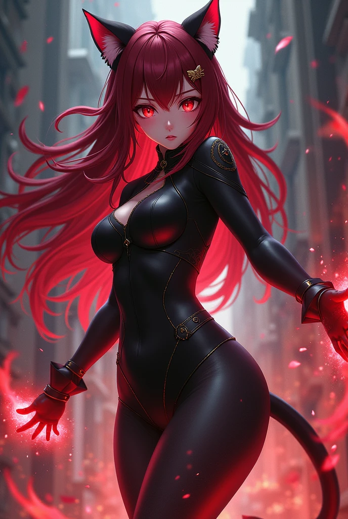 anime, girl, detailed, red eyes, very detailed, long dark red hair, black cat jumpsuit, black cat ears, very detailed, capturing akuma, detailed, battle look