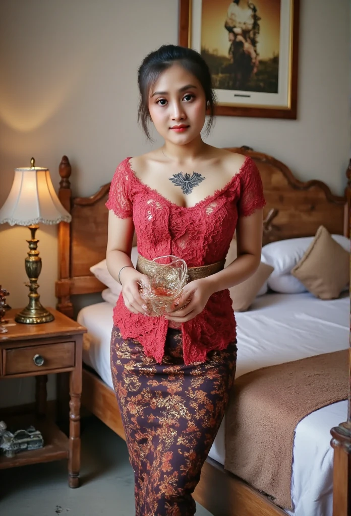 An Indonesian woman with stunning beauty, a sexy and well-proportioned figure, wearing an elegant red Balinese kebaya adorned with intricate details. She stands gracefully in a romantic and intimate bedroom setting, holding a glass ashtray with poise in both hands. Behind her, a neatly made bed with soft, inviting pillows takes center stage, accompanied by a wooden side table with a glowing bedside lamp casting a warm, ambient light. Her expression radiates warmth as she offers a sweet and gentle smile, adding to the enchanting atmosphere.