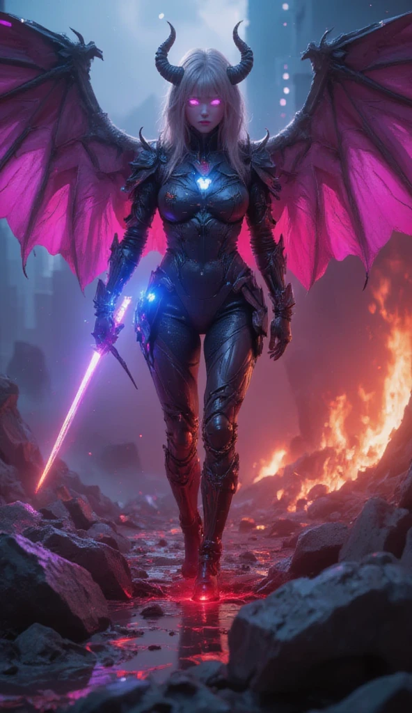 Cyberpunk helllady warrior in neon mecha armor，female swordsman Holding a sword in a pool of blood，solo，1sword，Luminescence&#39;s light eyes，Devil&#39;s Wings，Wide-angle lens，biology，weird，Creepy，nightmarish，Very bright neon colors，Light Particles，Luminescence，Best Photo of the Year Winner，the world on fire，Post-apocalyptic hellscape，Military photography，Epic Photo of the Yeare on the horizon，Epic movie shots，Pure form，Intricate details，8k，Post-production，high resolution，Super Detail，anatomical correct:2