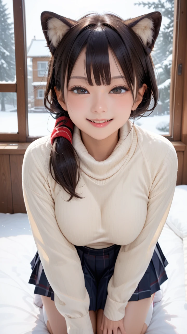 score_9,score_8_up,score_7_up,rating_safe,1girl,solo,loli,(European:1.3),(small face:1.1),smile,Expressionless,(Tip of the tongue:0.5),(big eyes:1.1),(Look At Viewer:1.3),black hair,Wolf Cut hairstyle,bangs,large breasts,long sleeves,(fluffy material clothes:1.3),socks,muffler scarf,school uniform,sweater,Pleated skirt,breasts squashing,Lean forward,Kneeling,Snow Scene,indoor,Cottage,Near the window,on bed,pov