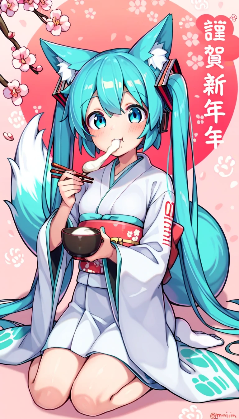 score_9, score_8_up, score_7_up,  1 girl, Happy New Year,  Hatsune Miku , kimono, Japanese clothing, cherry blossom background ,  eating mochi、Mochi growing out of your mouth 、chopsticks、Tea bowl、((Kemomimi))、 side tail 、((( fox ears)))、