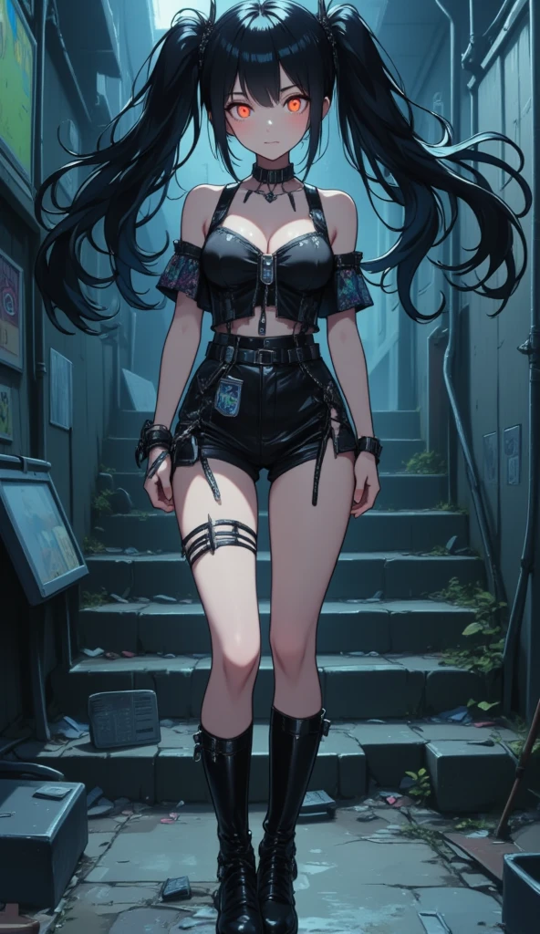 a Korean woman.
 black hair, Foot-length , fluttering,  2 ponytail .
 Dragon style eyes , bioluminescentes.
 Rocker-style dress , with gothic print .
 Silver accessories .
 long thin legs .
 Medium and pointy breasts ,  extremely detailed . 
 platform style boot ,  Glossy Black, long barrel.
whole body.
 In the background a spooky night. 
(anime style 32K, HDR, UHD, intricate detail, extremely intricate detail, hyperrealistic, extremely realistic, high quality,  vivid color , extremely detailed).