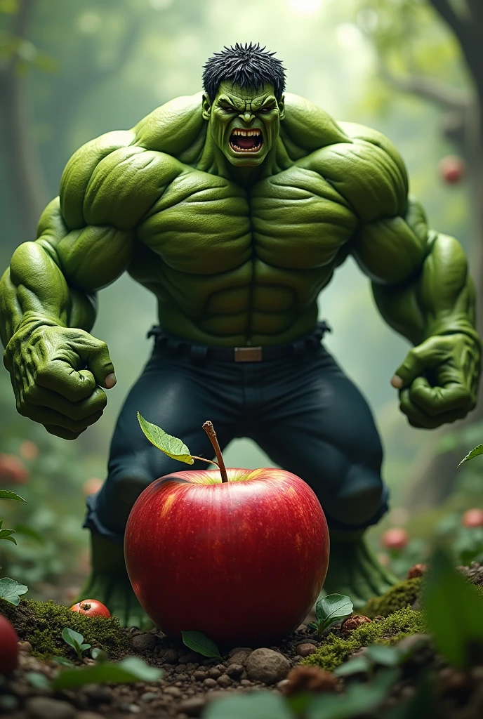 (hand) The Incredible Hulk is handling some fruit in a fruit bowl, close up on the Hulk's hands, focus on the Hulk's hands, art studio