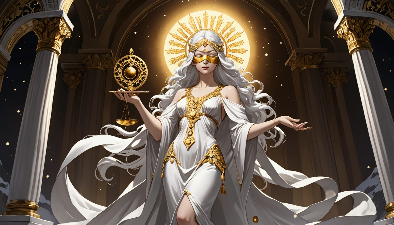 the goddess of justice, standing in a majestic pose.( She has long, snow-white hair) flowing like silk, with a neat blindfold symbolizing impartiality. The goddess is dressed in elegant white and gold robes with delicate decorative patterns emphasizing her divinity. In one hand, (she holds an ancient gold scale), symbolizing balance and justice. The background should be marble or celestial, with a slight glow, creating an atmosphere of grandeur and divine light (4k) full hd