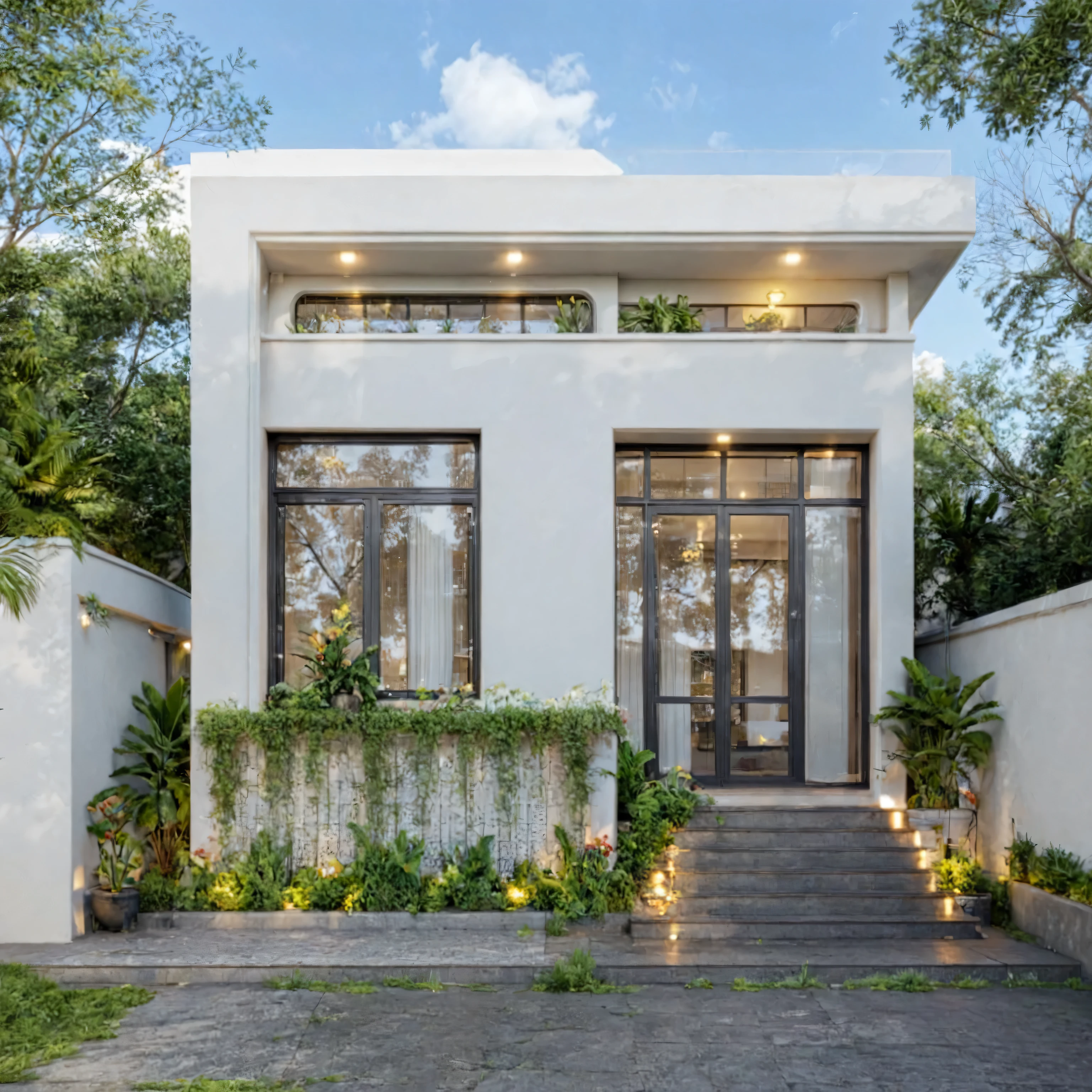 Masterpiece, high quality, best quality, authentic, super detail, outdoors, onestoreyvillaXL, aiaigroup, house style modern on the street ,stairs, white wall ,road,pavement, grass, trees, sky, cloud, (daylight:1.1)
